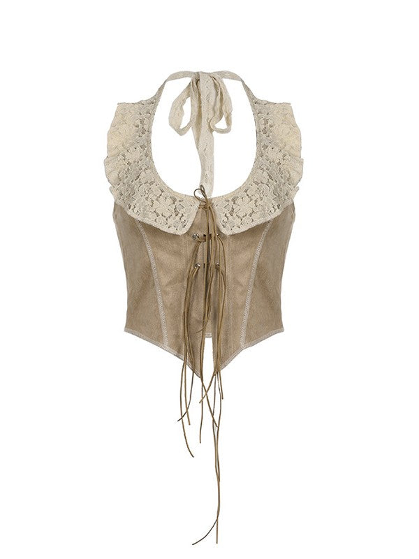 Panel Lace Tie Front Halter Tank Top