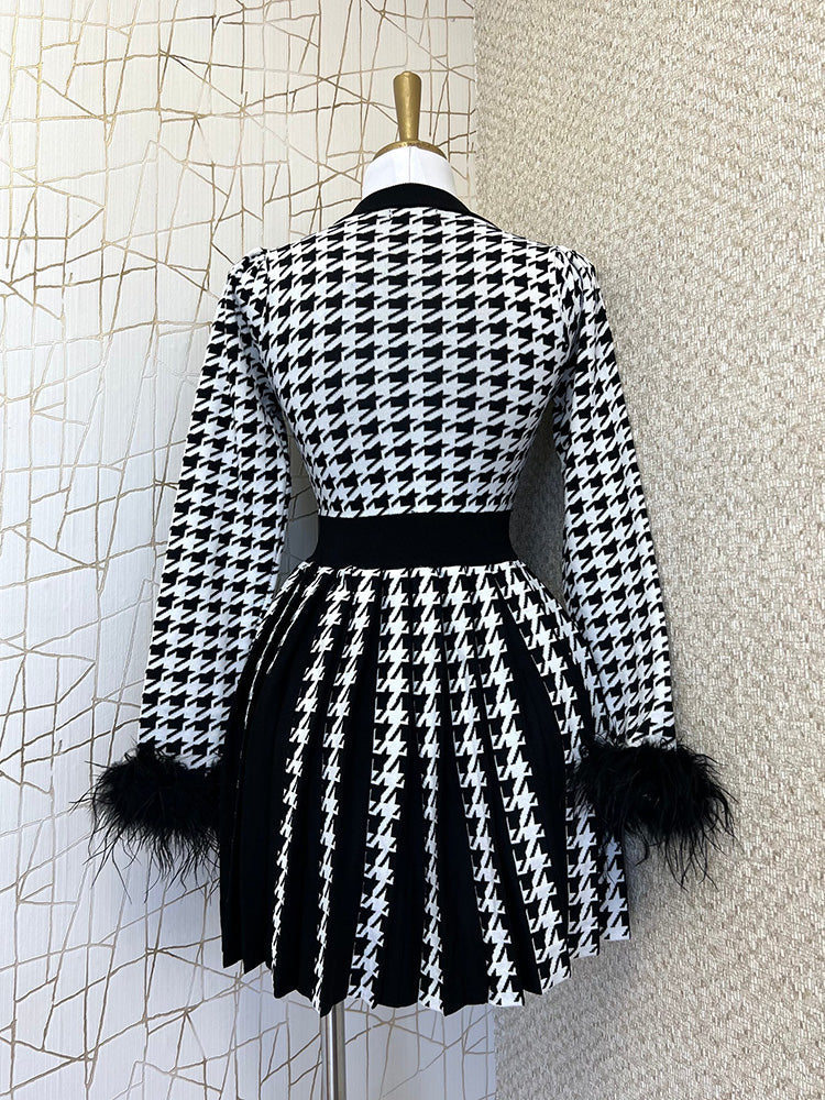 Houndstooth Button Front Pleated Dress