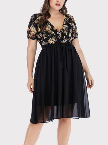 Vintage Floral Lace V Neck Chiffon Dress