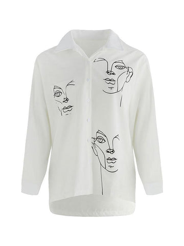 Abstract Face Print Long Sleeve Blouse