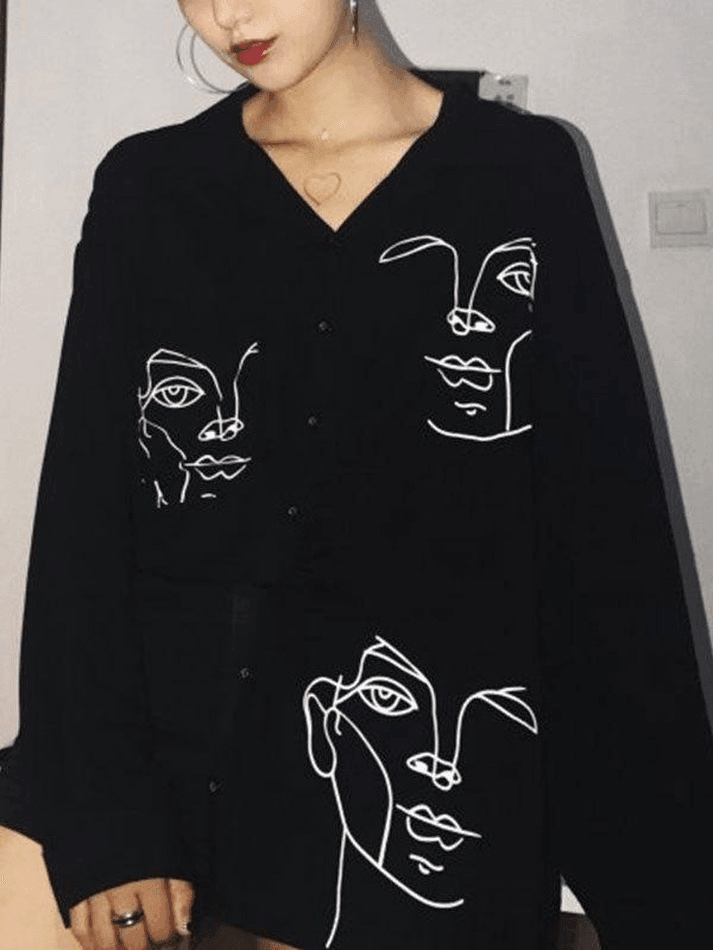 Abstract Face Print Long Sleeve Blouse