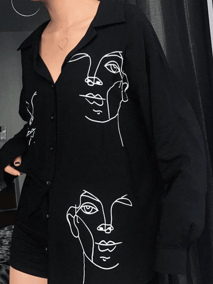 Abstract Face Print Long Sleeve Blouse
