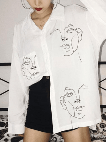 Blusa de manga larga con estampado de rostro abstracto