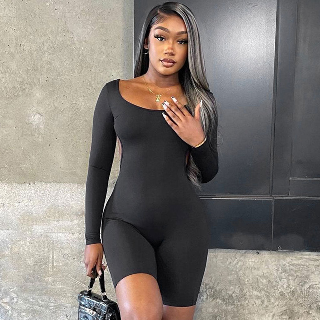 Active Chain Strap Long Sleeve Romper - Black