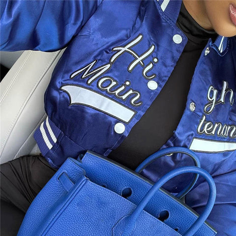 Active Letter Print Cropped Varsity Bomber Jacket - Royal Blue