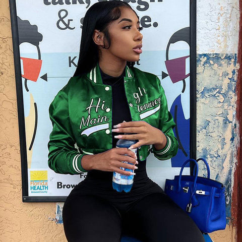 Active Letter Print Cropped Varsity Bomber Jacket - Emerald Green