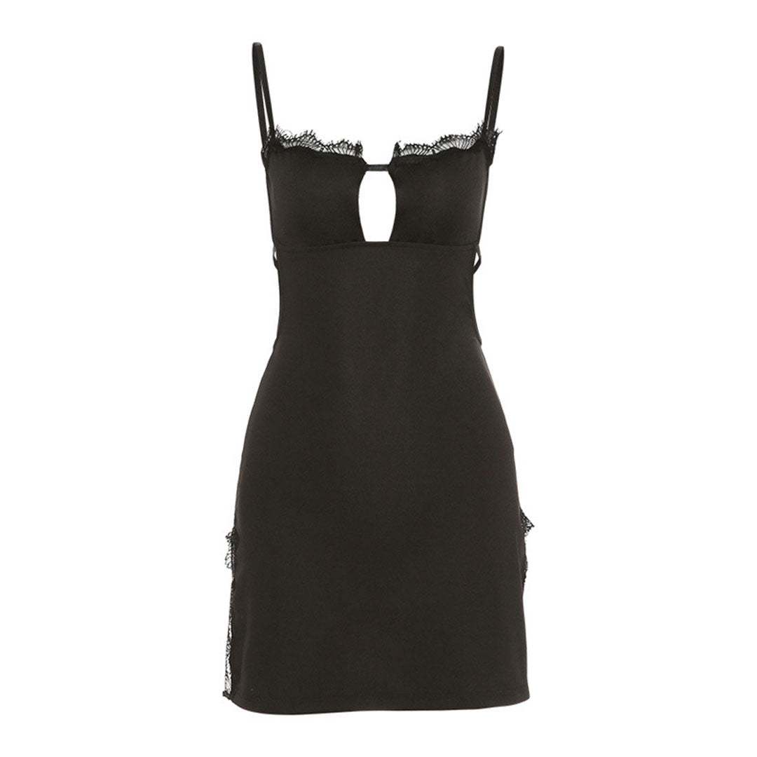 Alluring Eyelash Lace Trim Split Club Mini Dress - Black