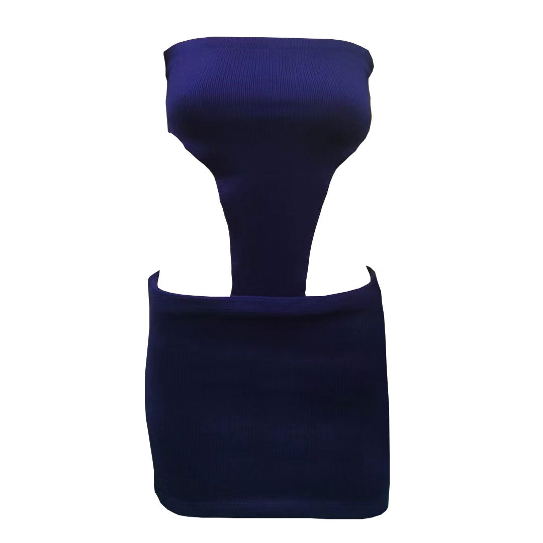 Alluring Rib Knit Cut Out Bodycon Strapless Mini Dress - Navy Blue