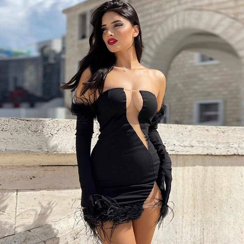 Vestido corto de fiesta bandeau con detalle de malla transparente y atractivo - Negro