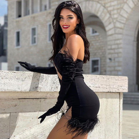 Vestido corto de fiesta bandeau con detalle de malla transparente y atractivo - Negro