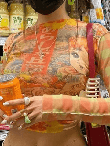 Langärmliges Crop-Top aus Netzstoff mit Anime-Print