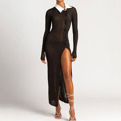 Contrast High Split Sheer Ribbed Knit Maxi Dress - Black