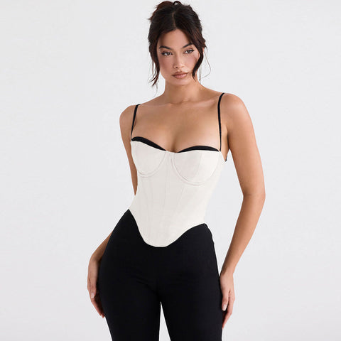 Ärmelloses Korsett-Crop-Top aus Satin mit kontrastierendem Sweetheart-Ausschnitt - Weiß