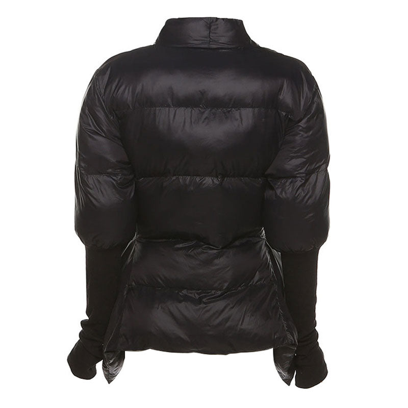 Deep V Shawl Collar Bishop Sleeve Puffer Jacket - Black
