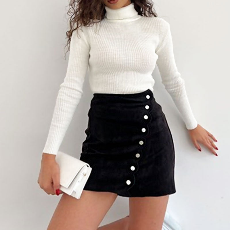 High Waist Scalloped Suede Wrap Mini Skirt - Black