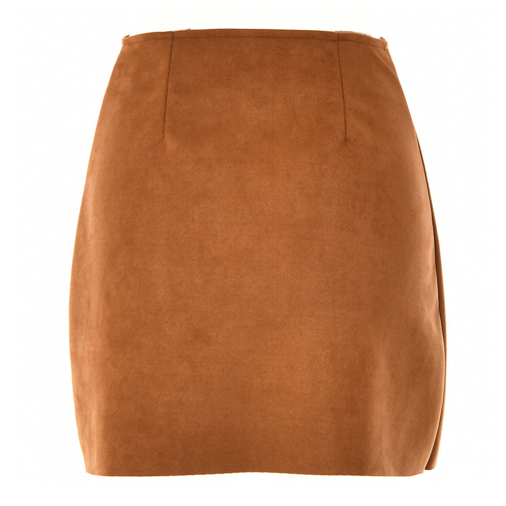 High Waist Scalloped Suede Wrap Mini Skirt - Brown