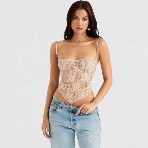 Paisley Lace Sweetheart Sleeveless Crop Tank Top - Apricot