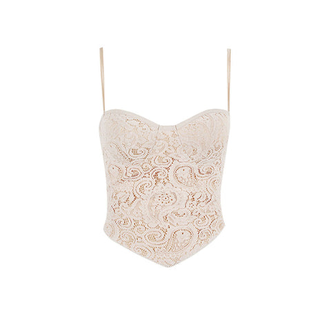 Paisley Lace Sweetheart Sleeveless Crop Tank Top - Apricot