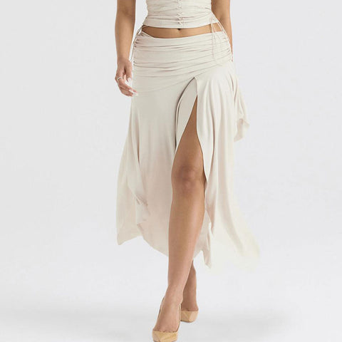 Satin Ruched Side Zipper Drop Waist Midi Skirt - Beige