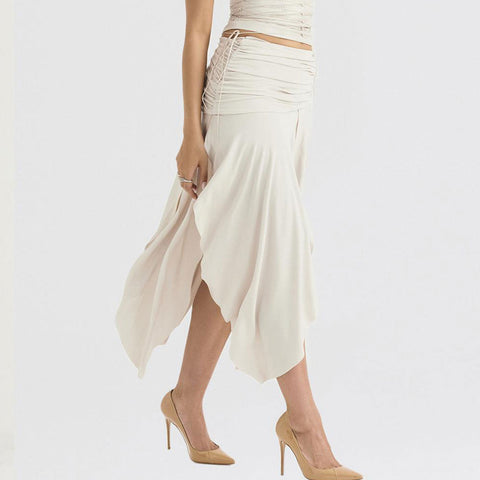 Satin Ruched Side Zipper Drop Waist Midi Skirt - Beige