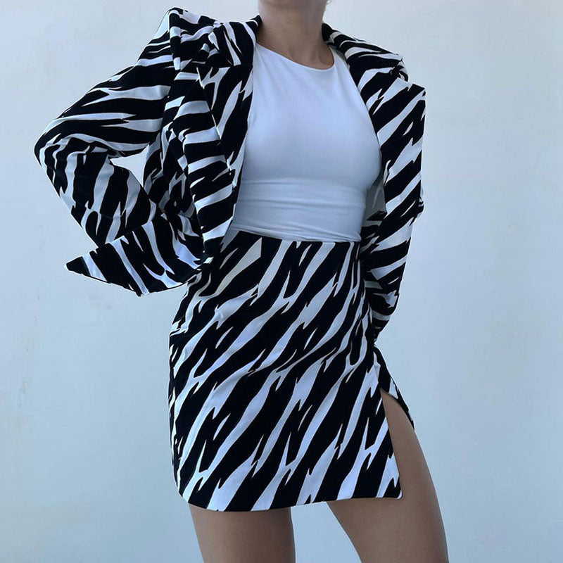 Zebra Print Blazer Split Mini Skirt Matching Set - Black