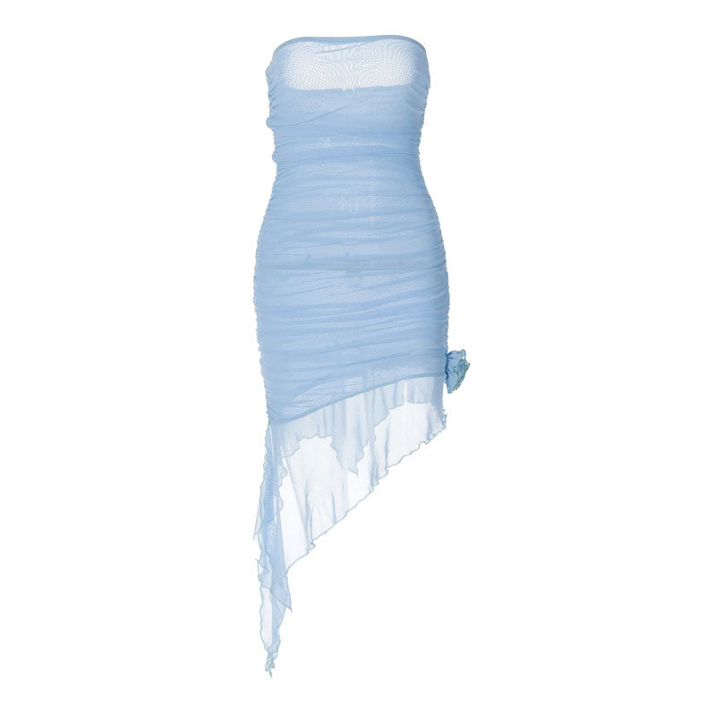 Appliqué Detail Ruched Mesh Strapless Bodycon Mini Dress - Blue