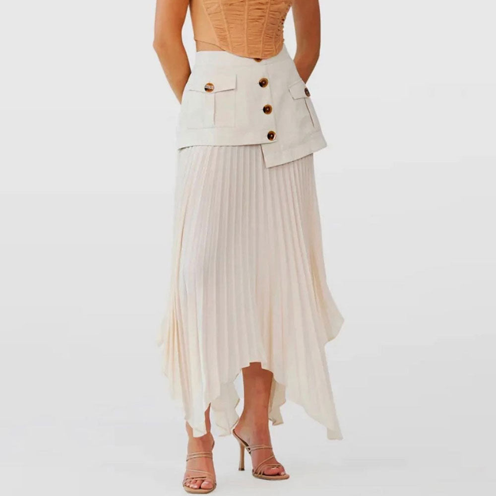 Chiffon High Waist Panel Trim Pleated Midi Skirt - Beige