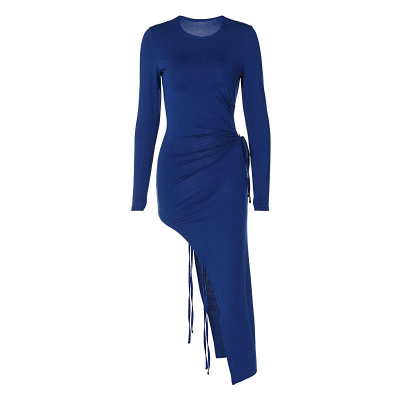 Crew Neck Long Sleeve Split Maxi Dress - Royal Blue