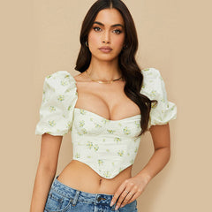 Floral Printed Bustier Puff Sleeve Crop Top - White