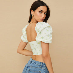 Floral Printed Bustier Puff Sleeve Crop Top - White