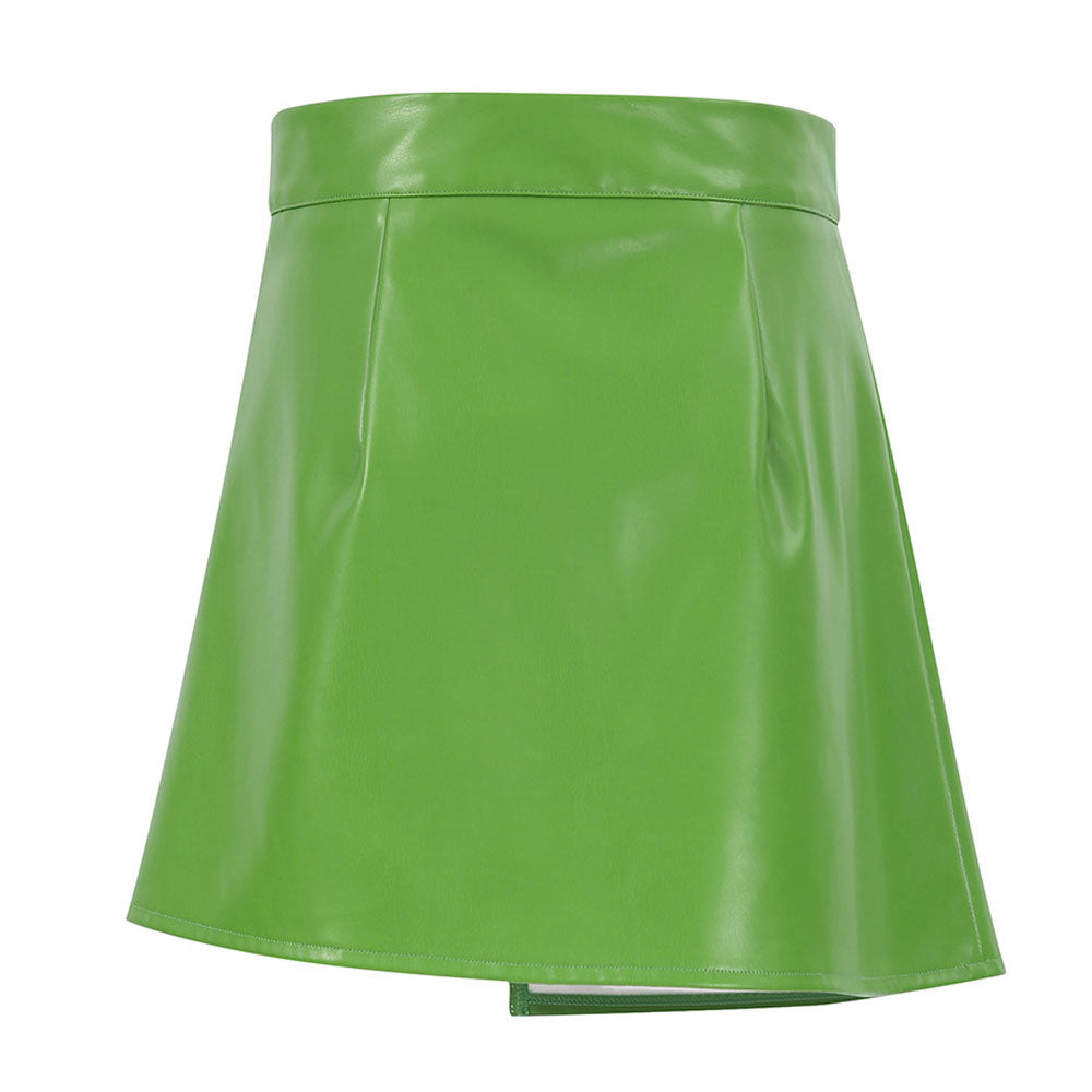 High Waist Seamed Trim Vegan Mini Skirt - Green
