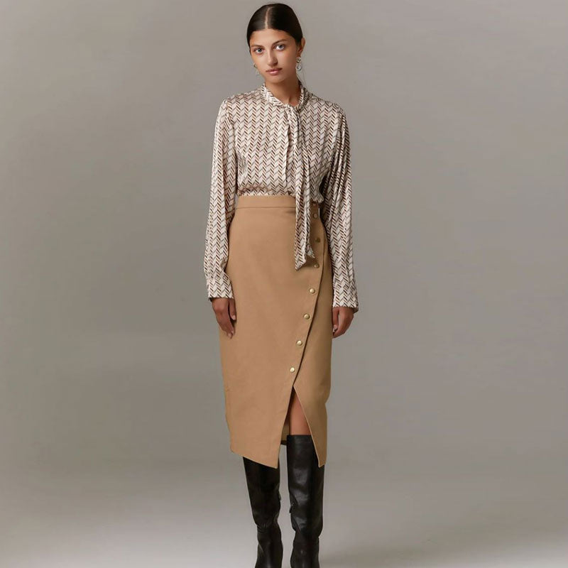 Split Front High Waist Wrap Midi Skirt - Khaki