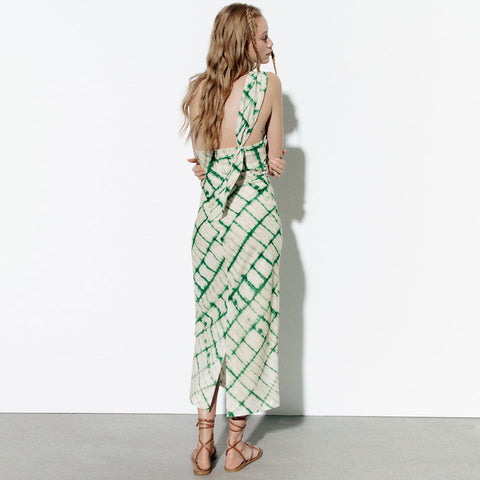 Vestido midi de un solo hombro con estampado de cuadros teñidos - Verde