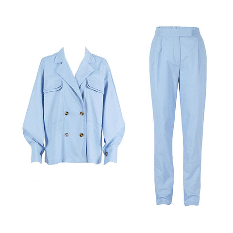 Peak Lapel Long Sleeve Linen Blazer Matching Set - Blue
