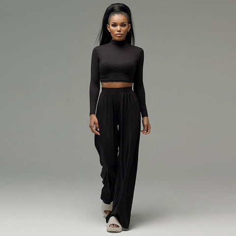 Athleisure Solid Long Sleeve Crop Top Wide Leg Pants Matching Set - Black