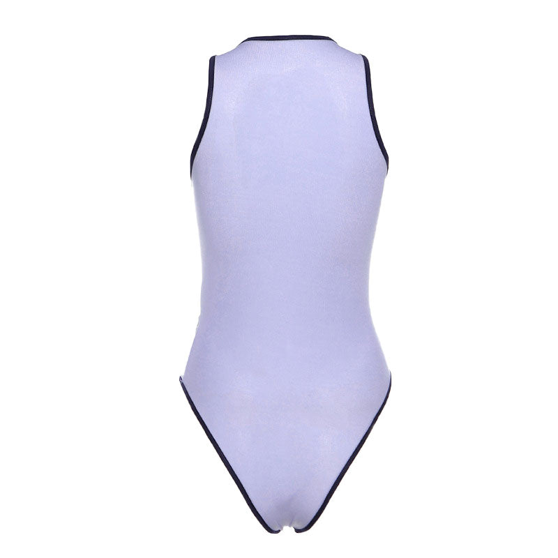 Contrast Suspender Strap Crisscross Mesh Bodysuit - Purple