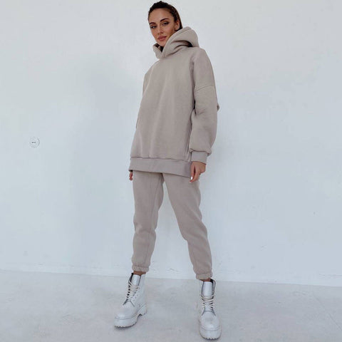 Long Sleeve Hoodie Matching Set - Beige