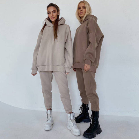 Long Sleeve Hoodie Matching Set - Beige