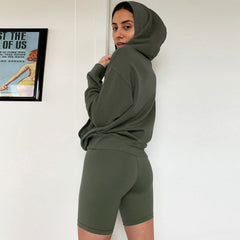 Hooded Sweatshirt Biker Short Matching Set - Army Green