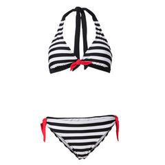 Stripe Print Contrast Tie Halter Triangle Bikini Set - Black