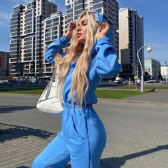 Kitty Hooded Zip Up Long Sleeve Jumpsuit - Blue