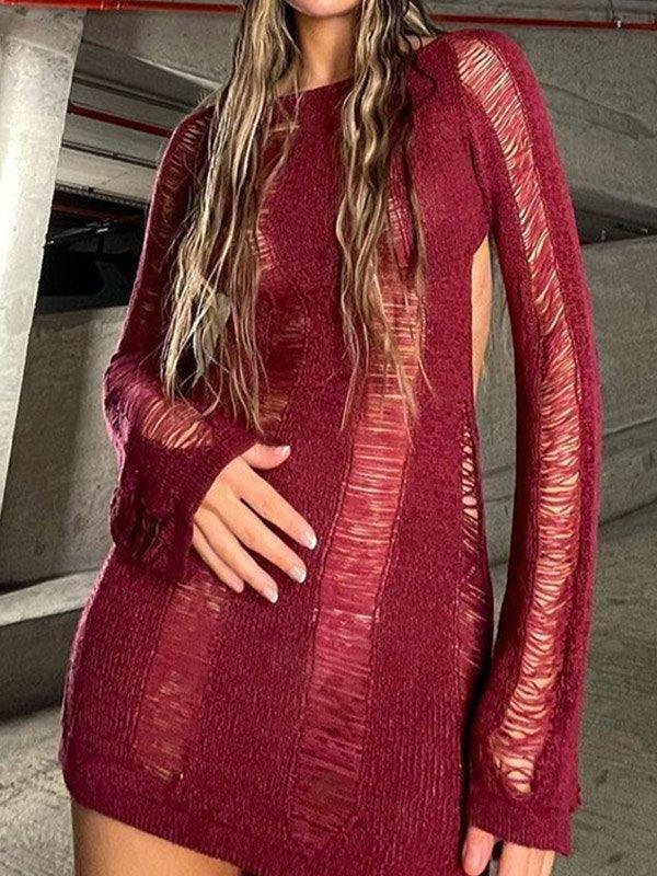 Distressed Long Sleeve Party Mini Dress