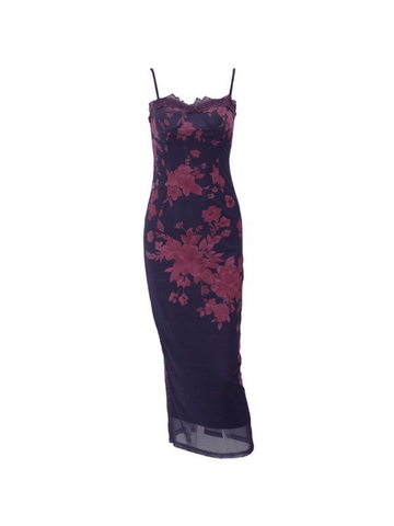 Lace Trim Vintage Print Slit Maxi Dresses