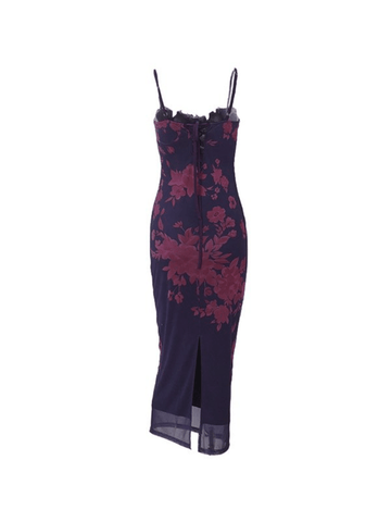 Lace Trim Vintage Print Slit Maxi Dresses