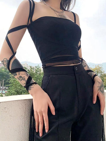 Kurzes Camisole-Top aus Netzstoff mit Bandage-Detail