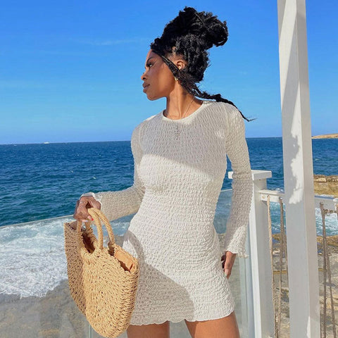 Beach Vacation Smocked Crew Neck Long Sleeve Tie Back Mini Dress - White