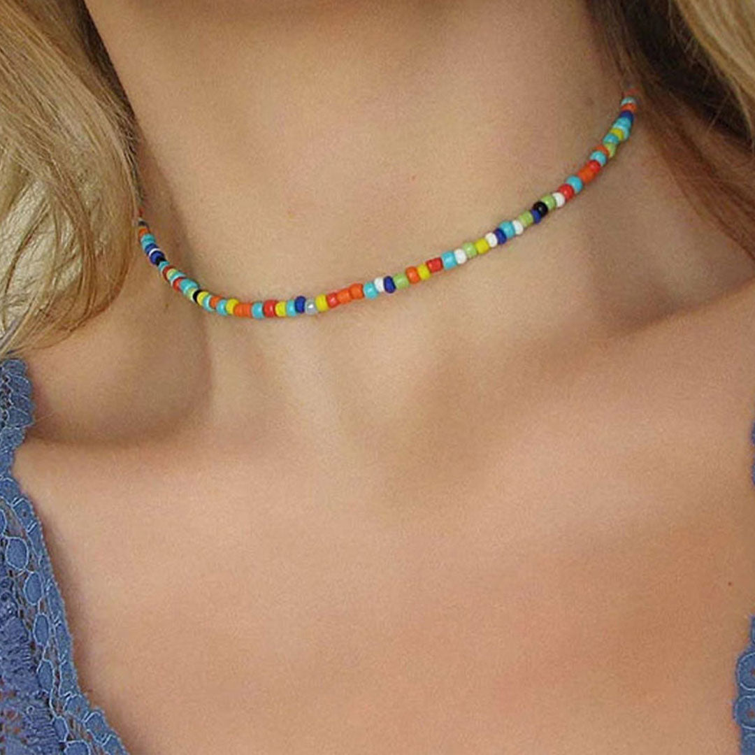 Gargantilla playera de cuentas de esmalte pulido con semillas - Multicolor
