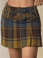 Belted Checkered Pleated Woolen Mini Skirt