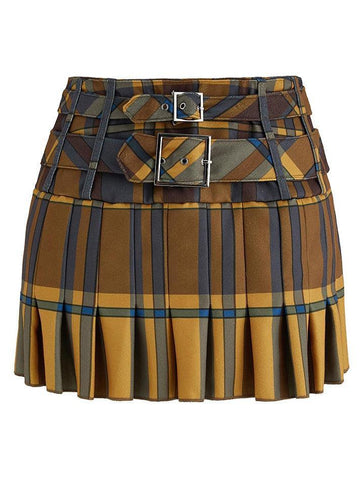 Belted Checkered Pleated Woolen Mini Skirt