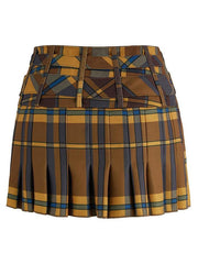Belted Checkered Pleated Woolen Mini Skirt
